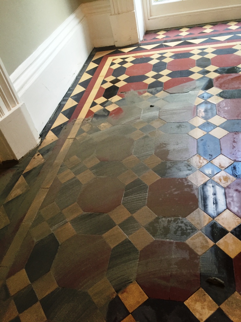 Victorian hallway floor tiles during restoration in Bridlington