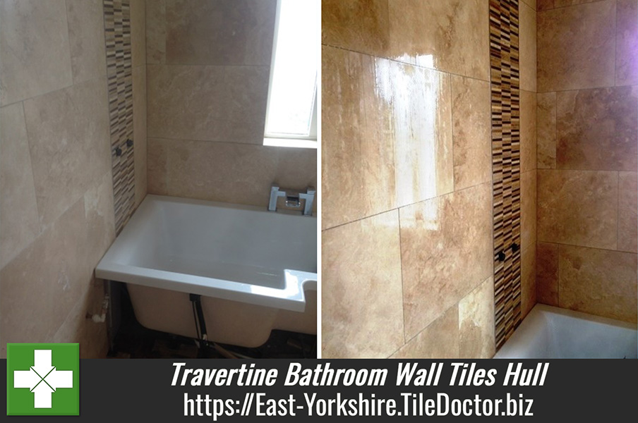 Travertine Bathroom Wall Tiles Refinished Following Installation