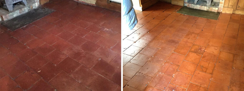 Old Quarry Tiled Floor Before After Cleaning and Sealing in Market Weighton